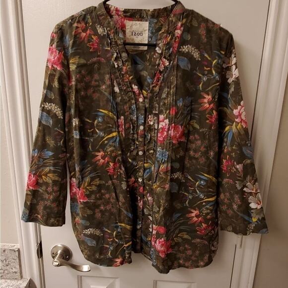 IZOD tropical floral pintucked ruffled button‎ down shirt size large - Picture 1 of 5